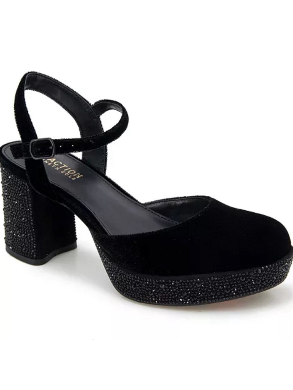 Kenneth Cole Reaction Indya Black Velvet Platform Heels 7.5 New Rhinestones